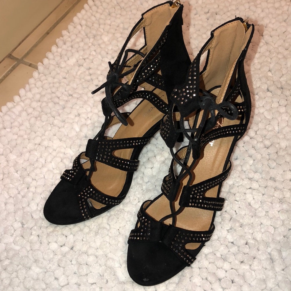 Forever 21 black rhinestone lace up heels